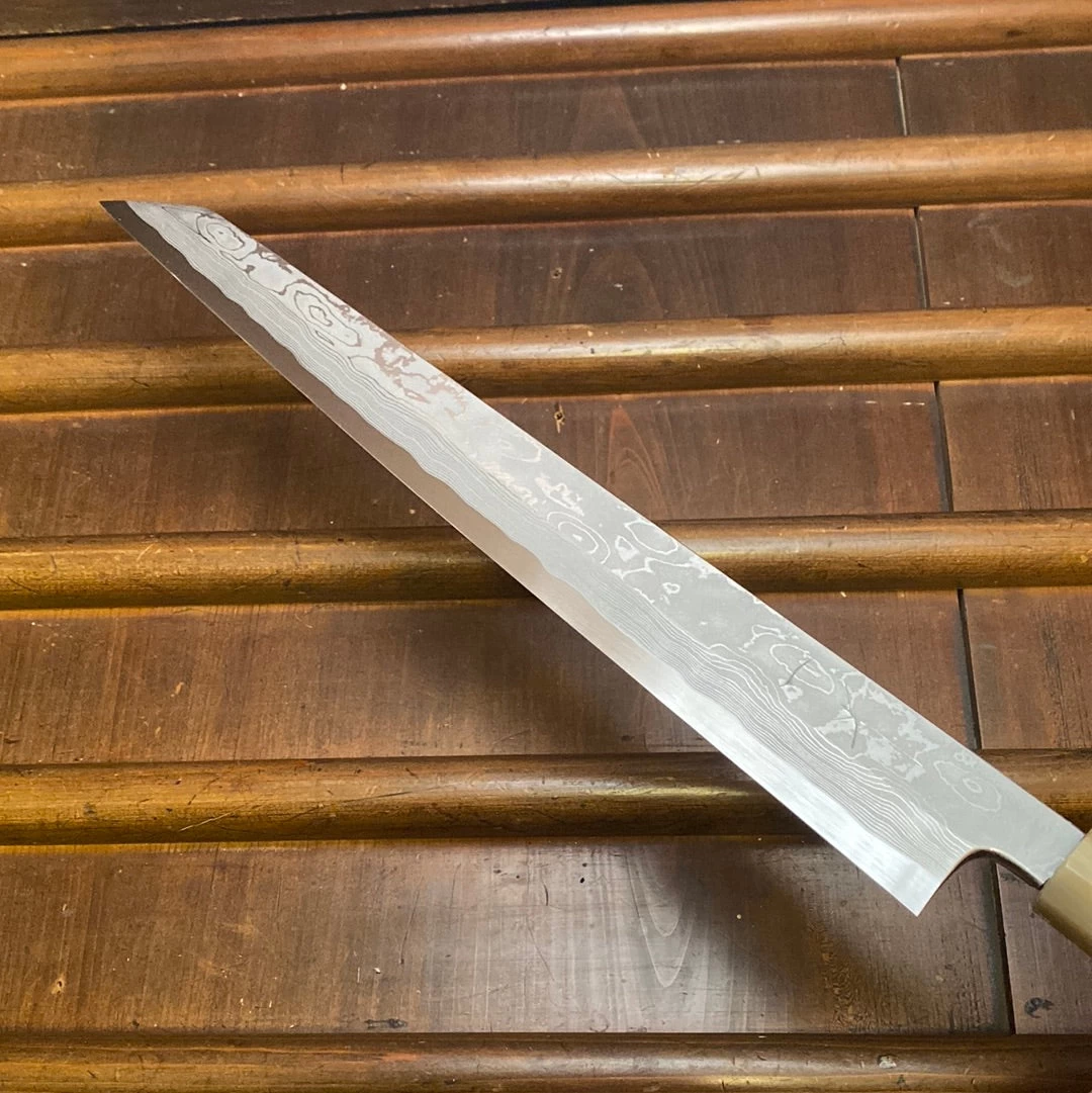 Hitohira Tanaka Manzo 300mm LEFTY Kiritsuke Yanagi Aogami 1 Damascus Ebony W/ Saya 6 Hitohira Tanaka Manzo 300mm LEFTY Kiritsuke Yanagi Aogami 1 Damascus Ebony W/ Saya - Image 4