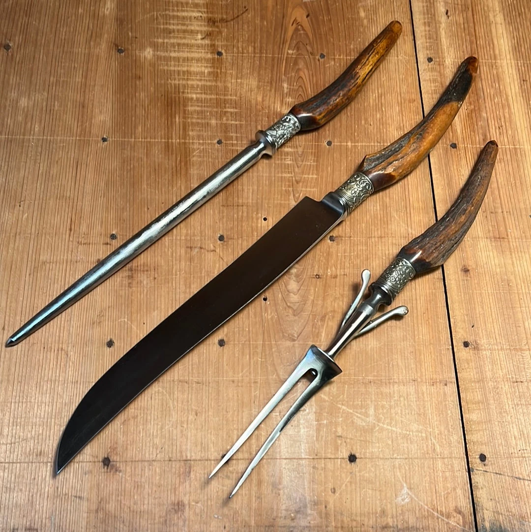 Vintage George Cowen 3 Pc Carving Set Carbon Steel Sheffield Stag Tip ~1890's-1910ish? 4 Vintage George Cowen 3 Pc Carving Set Carbon Steel Sheffield Stag Tip ~1890's-1910ish? - Image 2