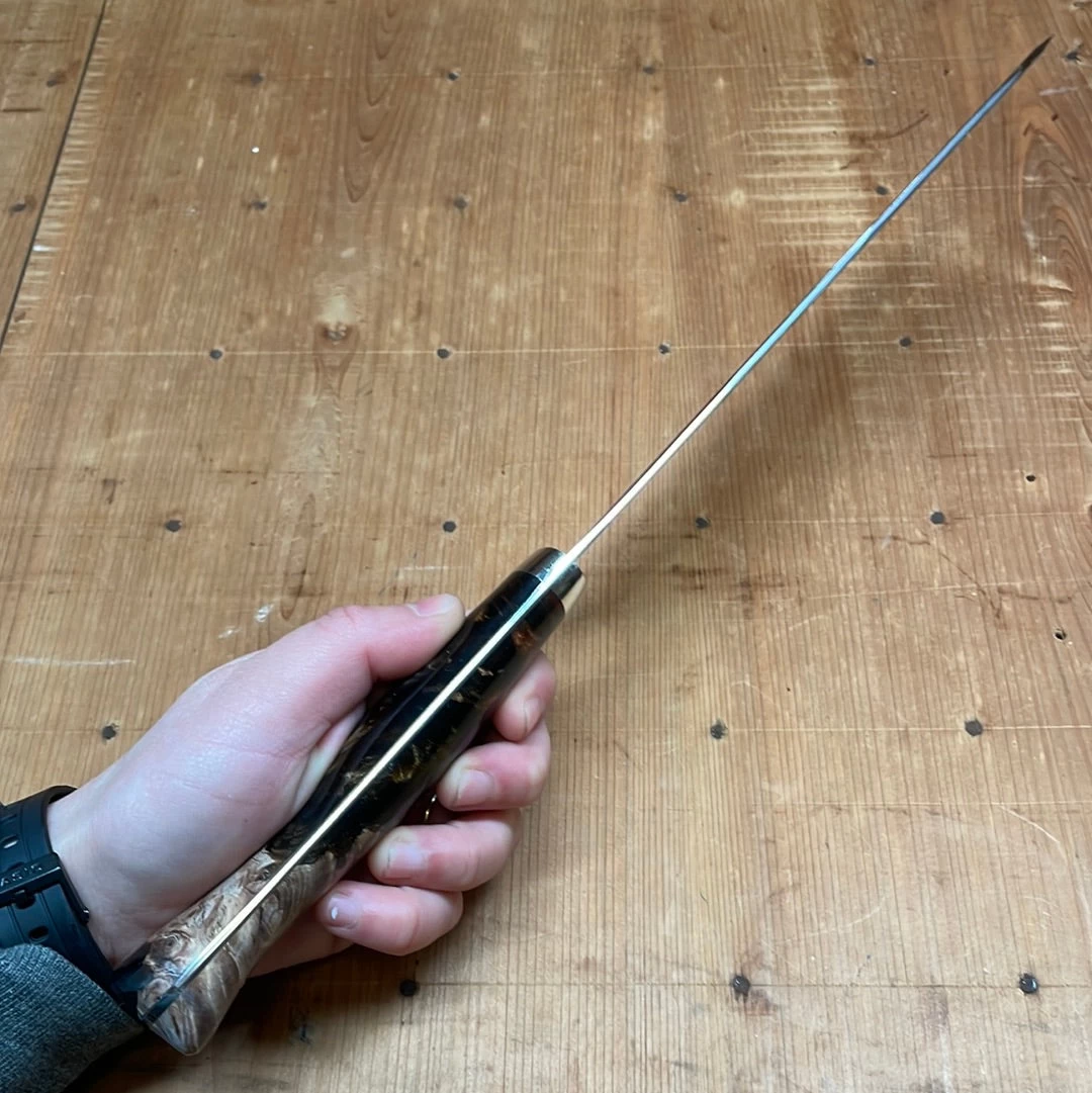 Nigara Hamono 240mm Kiritsuke Gyuto SG2 Kurouchi Tsuchime Stabilized Maple Burl W/ Acrylic Western Handle 8 Nigara Hamono 240mm Kiritsuke Gyuto SG2 Kurouchi Tsuchime Stabilized Maple Burl W/ Acrylic Western Handle - Image 6