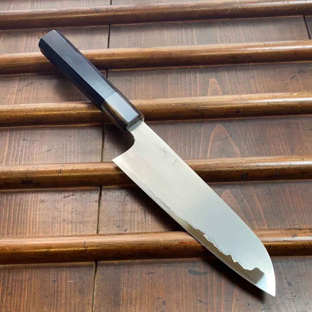 Hitohira Togashi 180mm Santoku Kasumi Stainless Clad Shirogami 1 Ebony Blonde Handle 3 Hitohira Togashi 180mm Santoku Kasumi Stainless Clad Shirogami 1 Ebony Blonde Handle